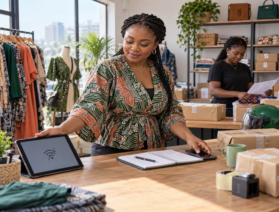 Nigerian fashion entrepreneur switches to customer records and a second phone after her main business platform goes offline.