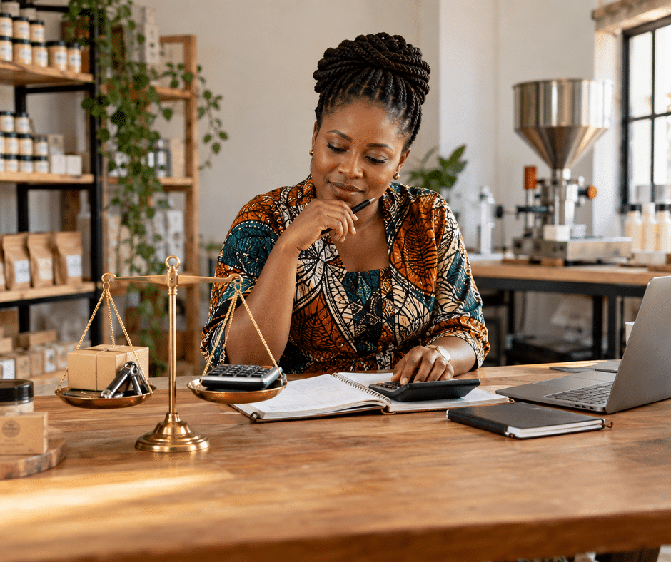 Nigerian business owner reviewing equipment, financial records and profit to estimate the value of her company