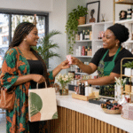 Returning customer receiving a skincare product from a Nigerian shop owner