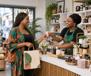 Returning customer receiving a skincare product from a Nigerian shop owner