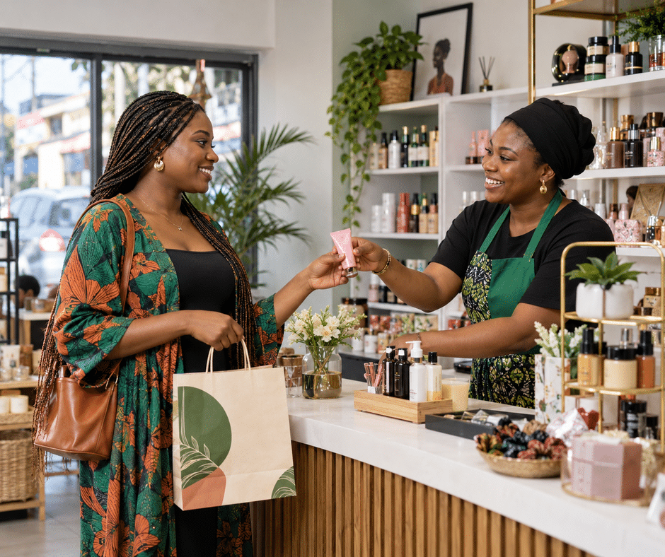 Returning customer receiving a skincare product from a Nigerian shop owner