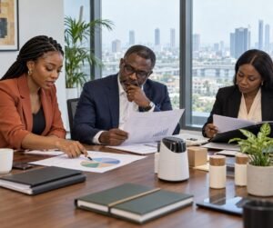 Nigerian founder, angel investor and corporate adviser reviewing investment terms and company ownership