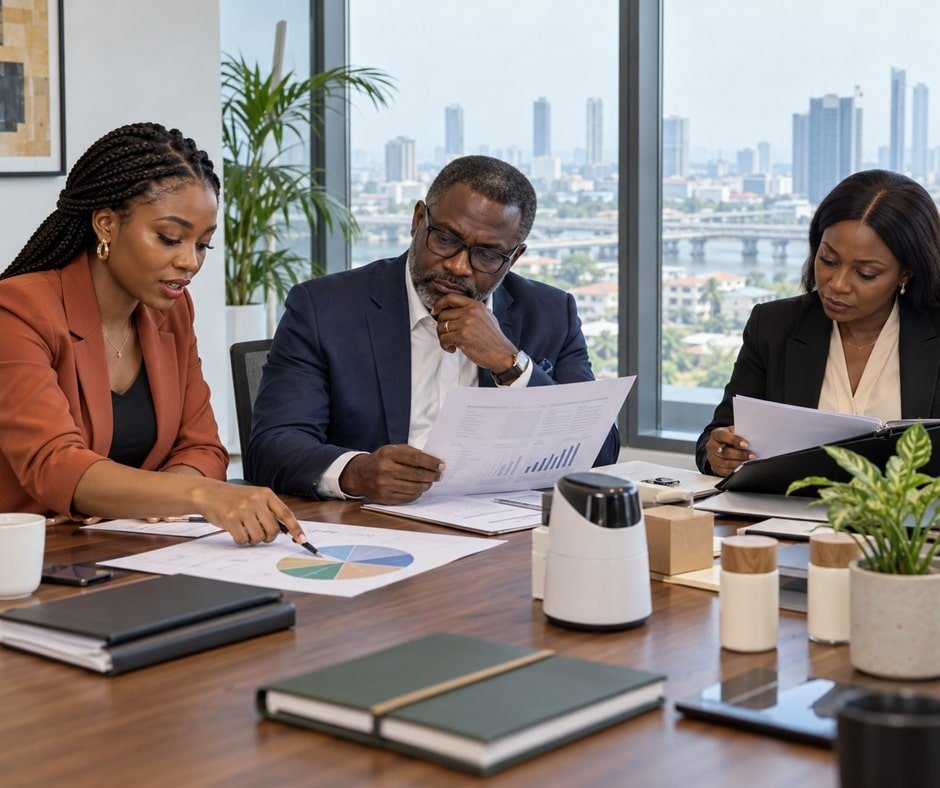 Nigerian founder, angel investor and corporate adviser reviewing investment terms and company ownership