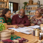 Nigerian family members reviewing roles and business records together in their retail shop