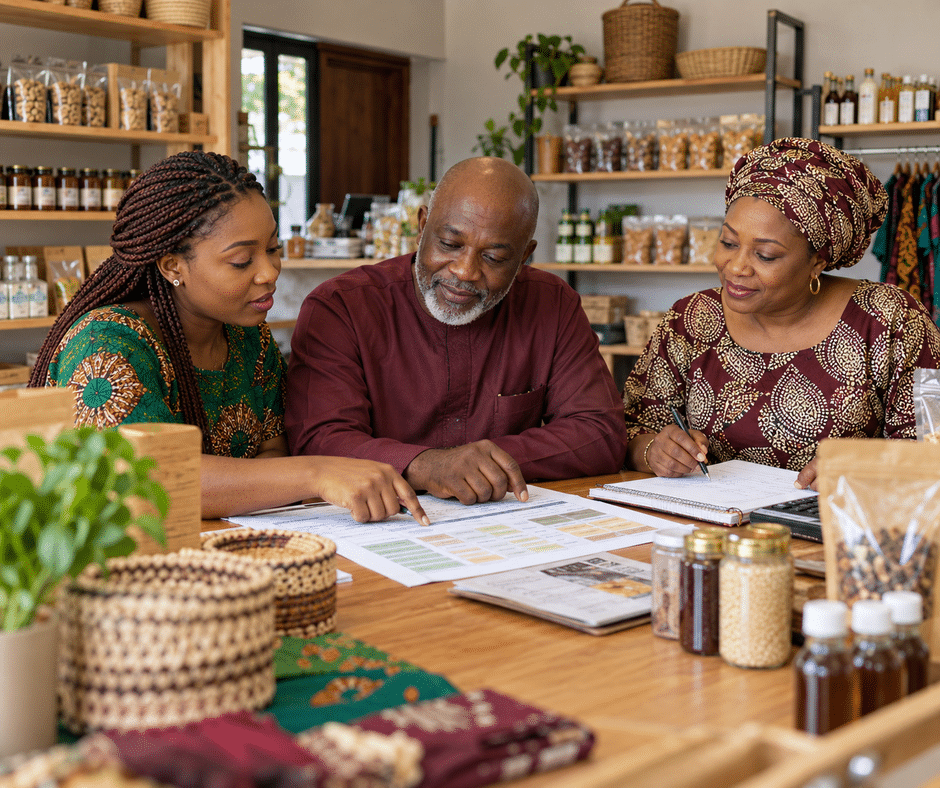 Nigerian family members reviewing roles and business records together in their retail shop