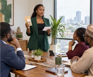 Nigerian entrepreneur presenting a packaged product during a short business pitch